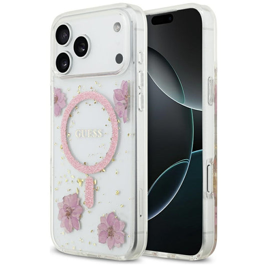 Custodia MagSafe per Apple iPhone 17 Pro, Guess, Resin Flowers and Glitter, Rosa