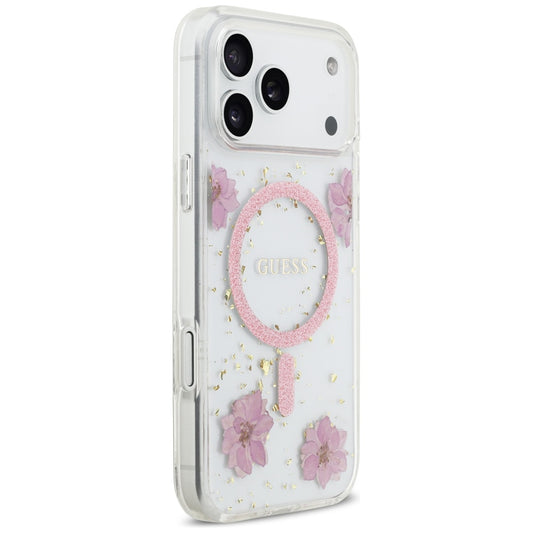 Custodia MagSafe per Apple iPhone 17 Pro, Guess, Resin Flowers and Glitter, Rosa