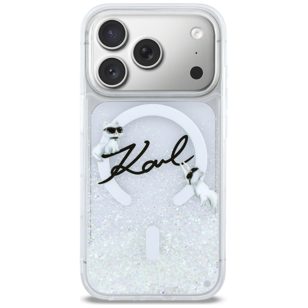 Custodia MagSafe per Apple iPhone 17 Pro, Karl Lagerfeld, Glitter Karl Script Logo, Trasparente