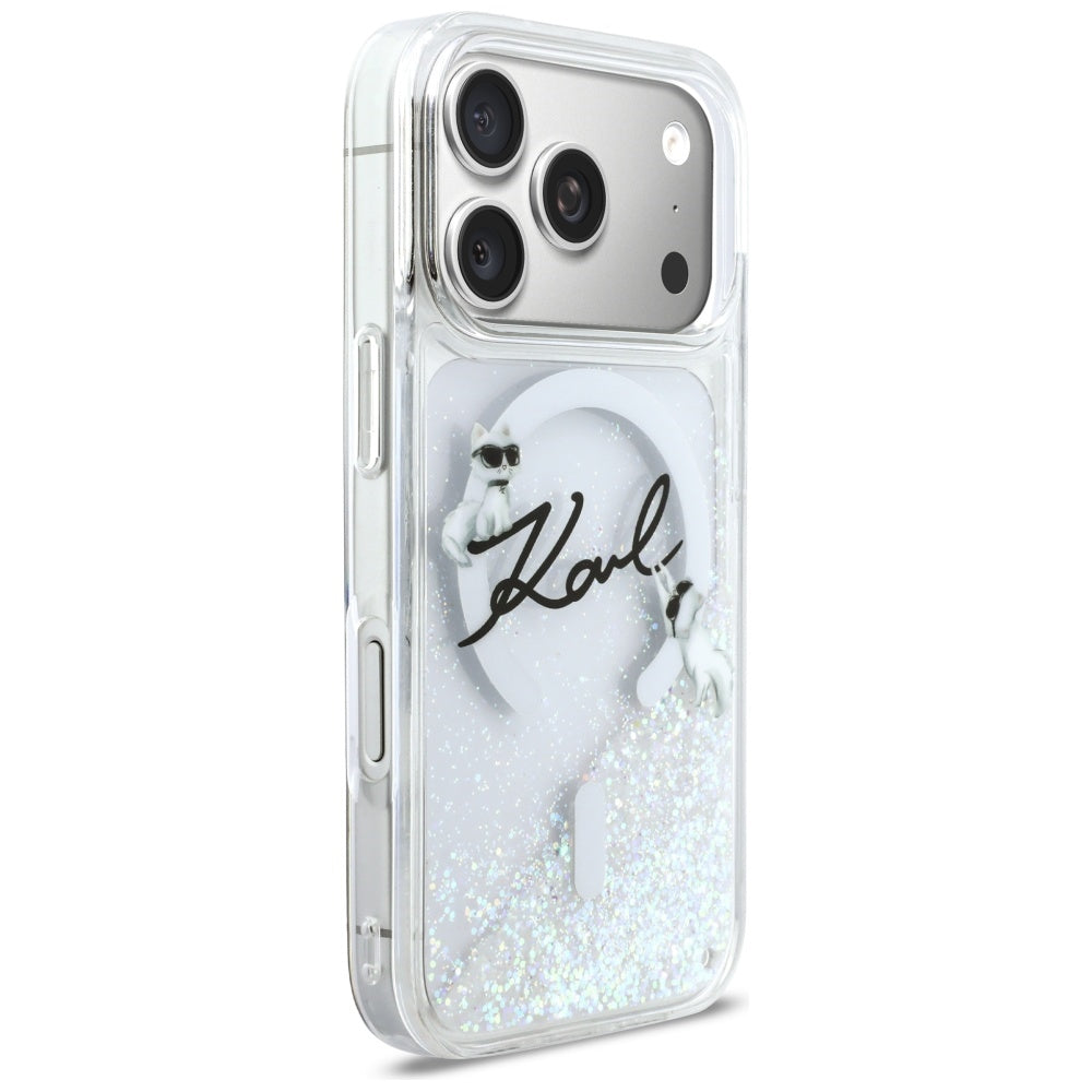 Custodia MagSafe per Apple iPhone 17 Pro, Karl Lagerfeld, Glitter Karl Script Logo, Trasparente
