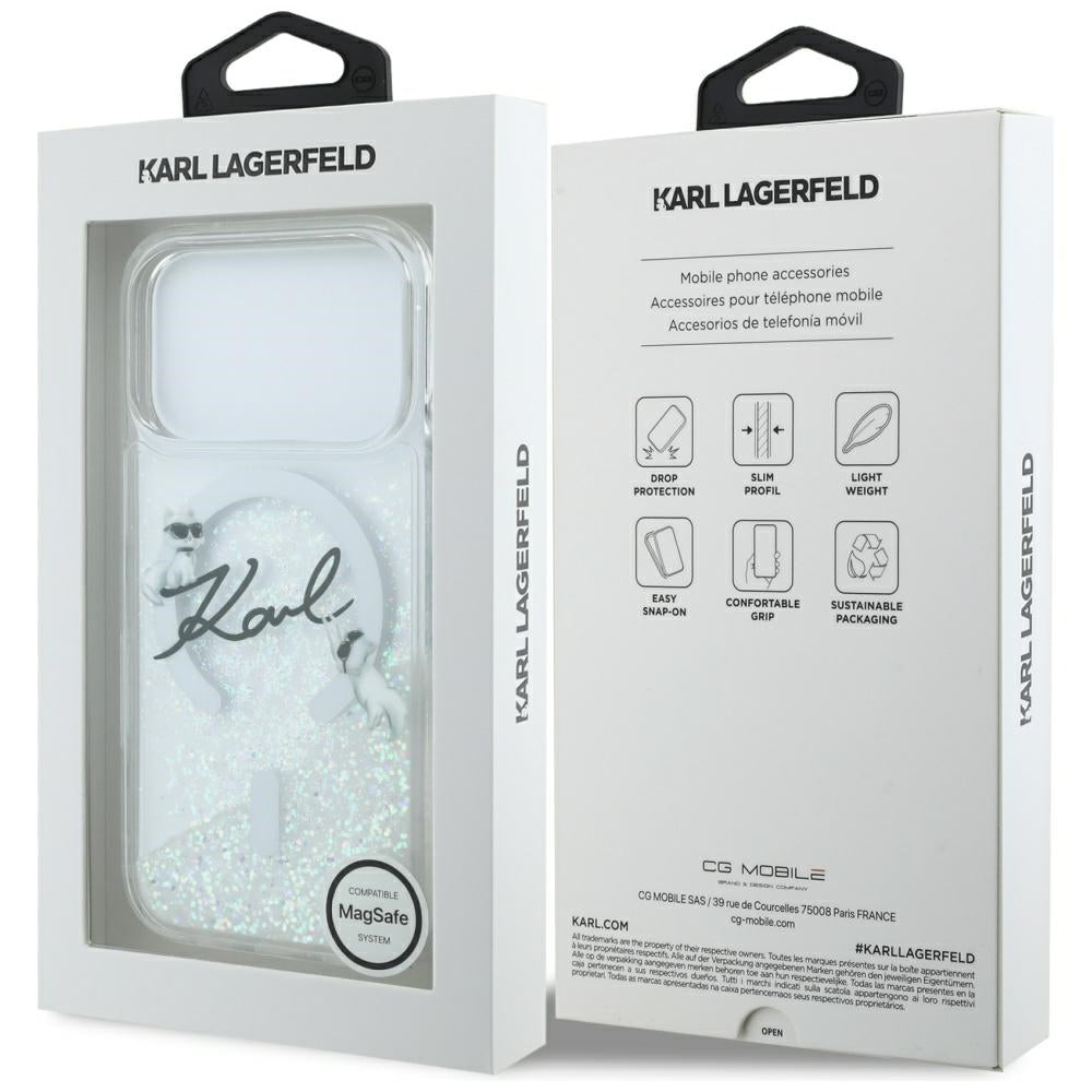 Custodia MagSafe per Apple iPhone 17 Pro, Karl Lagerfeld, Glitter Karl Script Logo, Trasparente