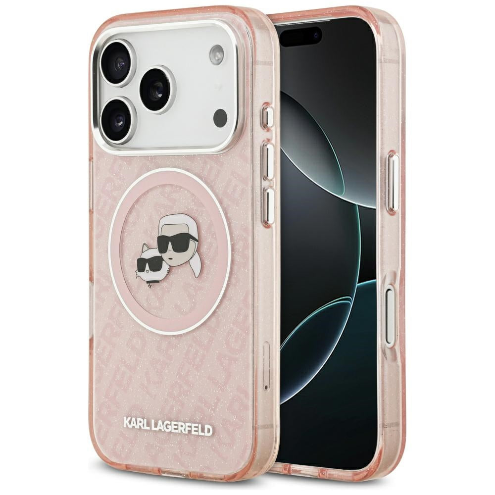 Custodia MagSafe per Apple iPhone 17 Pro, Karl Lagerfeld, IML Glitter Karl & Choupette's Heads, Rosa