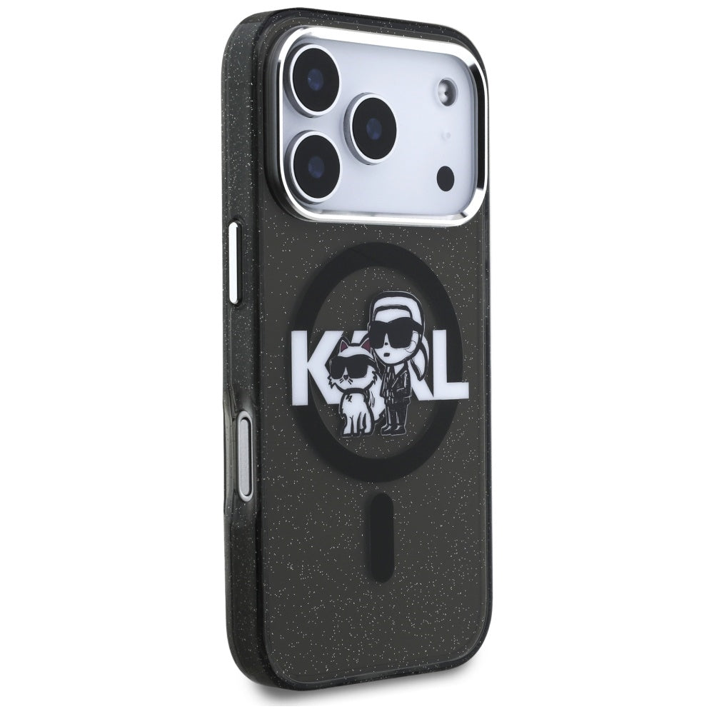 Custodia MagSafe per Apple iPhone 17 Pro, Karl Lagerfeld, IML Sketch Logo Glitter Karl & Choupette, Nera