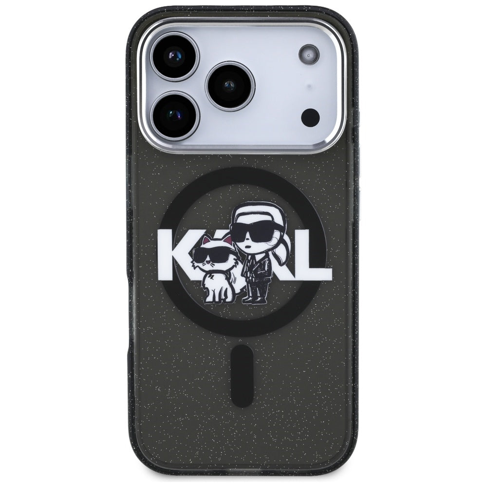 Custodia MagSafe per Apple iPhone 17 Pro, Karl Lagerfeld, IML Sketch Logo Glitter Karl & Choupette, Nera