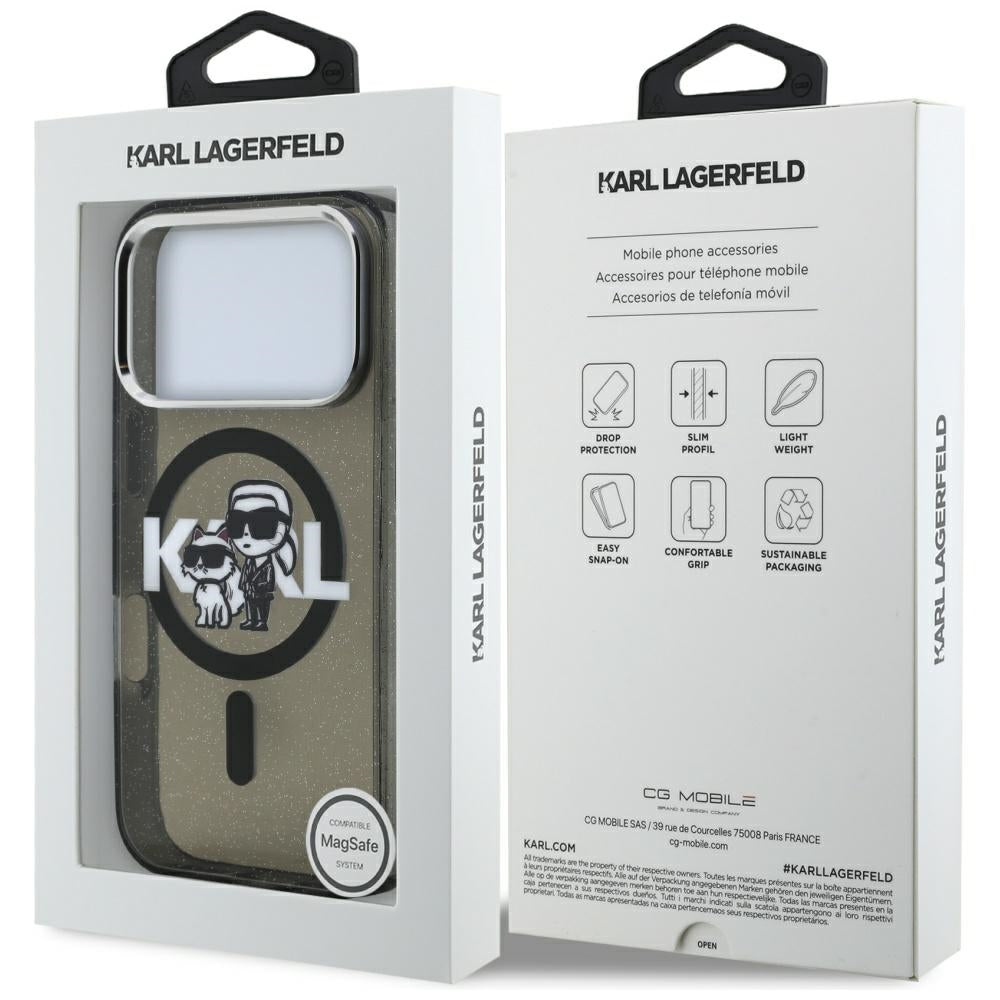 Custodia MagSafe per Apple iPhone 17 Pro, Karl Lagerfeld, IML Sketch Logo Glitter Karl & Choupette, Nera