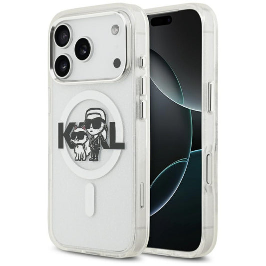 Custodia MagSafe per Apple iPhone 17 Pro, Karl Lagerfeld, IML Sketch Logo Glitter Karl & Choupette, Trasparente