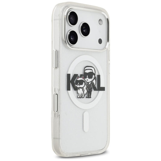 Custodia MagSafe per Apple iPhone 17 Pro, Karl Lagerfeld, IML Sketch Logo Glitter Karl & Choupette, Trasparente