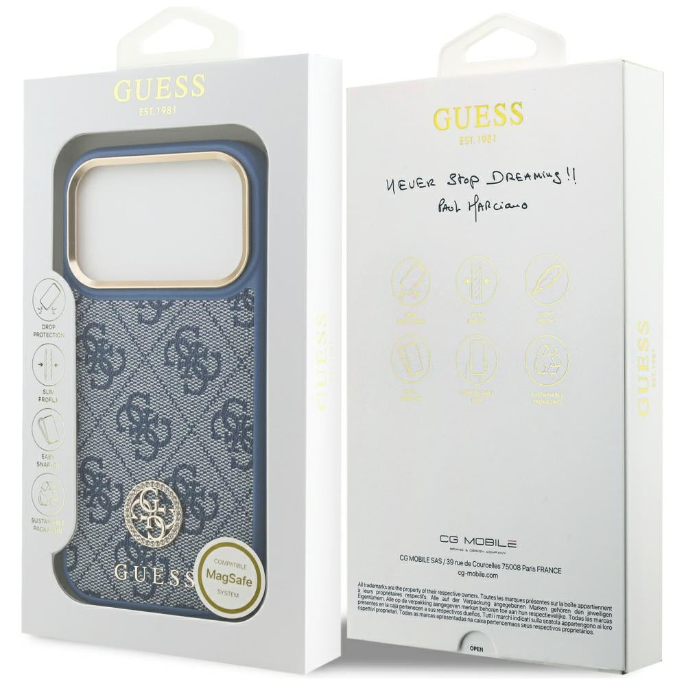 Custodia MagSafe per Apple iPhone 17 Pro Max, Guess, Logo Strass 4G, Blu