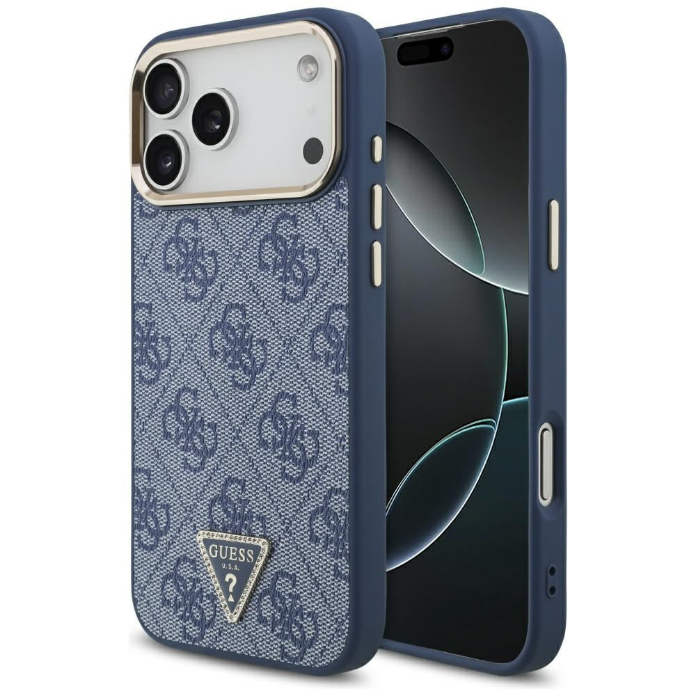 Custodia MagSafe per Apple iPhone 17 Pro Max, Guess, Logo Triangolo 4G, Blu Dorato