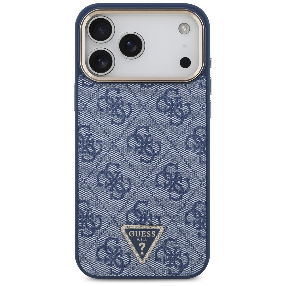 Custodia MagSafe per Apple iPhone 17 Pro Max, Guess, Logo Triangolo 4G, Blu Dorato