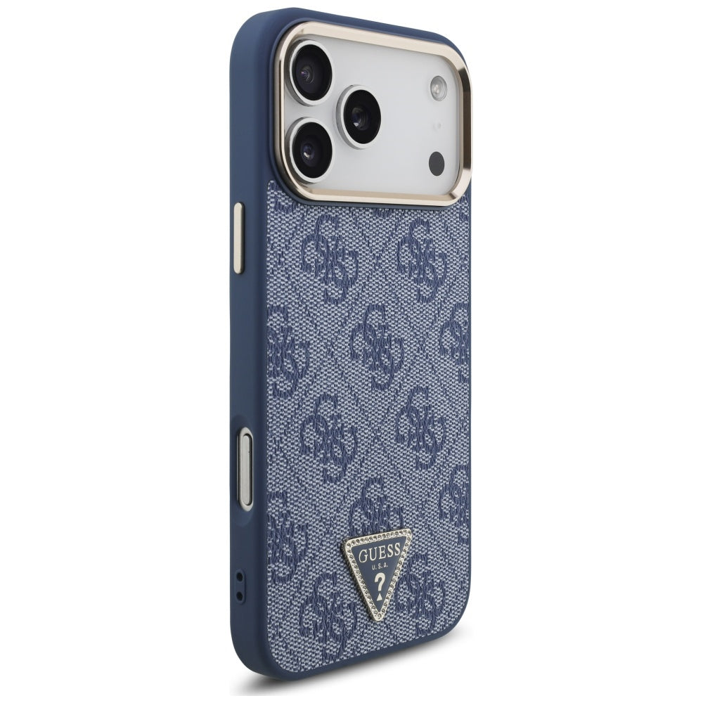 Custodia MagSafe per Apple iPhone 17 Pro Max, Guess, Logo Triangolo 4G, Blu Dorato