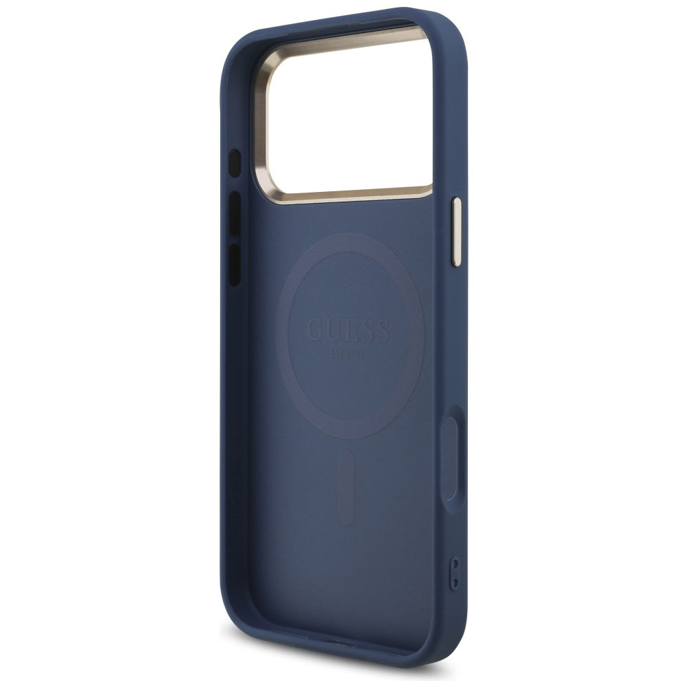 Custodia MagSafe per Apple iPhone 17 Pro Max, Guess, Logo Triangolo 4G, Blu Dorato