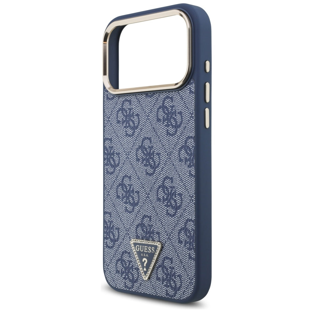 Custodia MagSafe per Apple iPhone 17 Pro Max, Guess, Logo Triangolo 4G, Blu Dorato