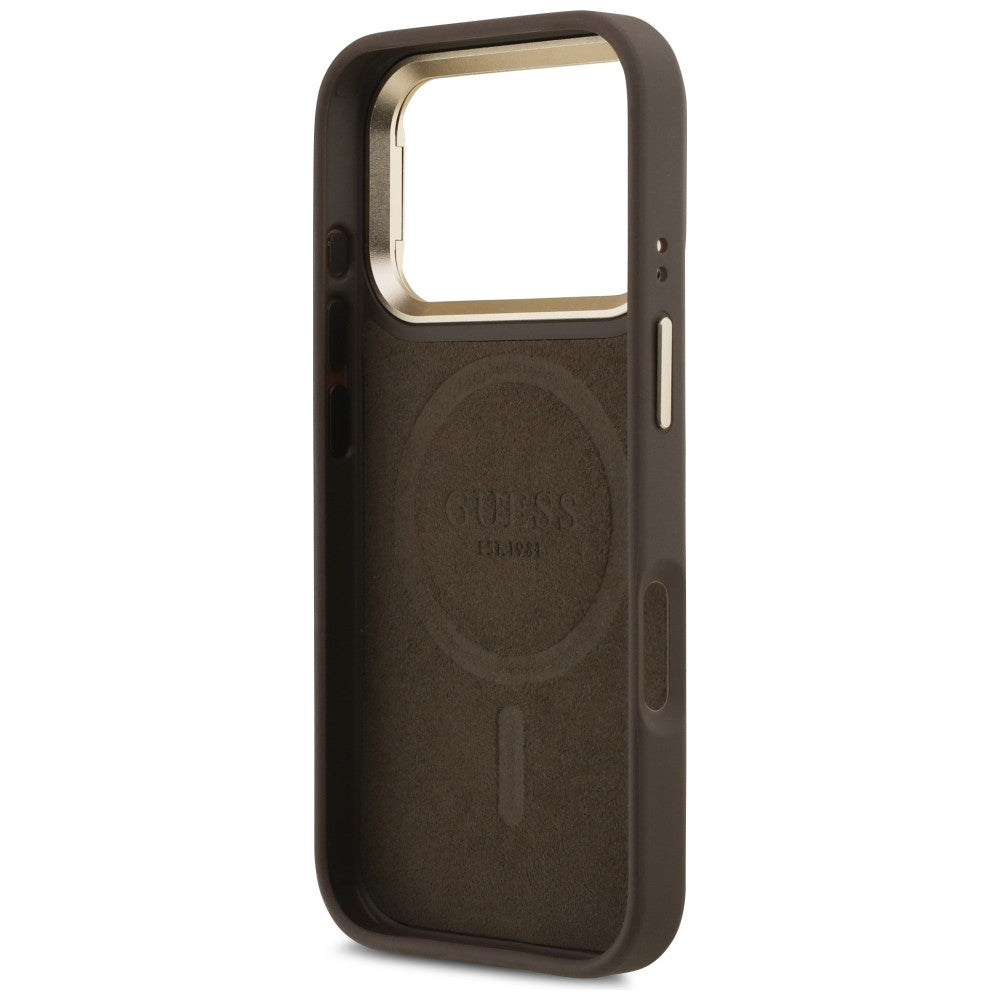 Custodia MagSafe per Apple iPhone 17 Pro Max, Guess, Logo Triangolo 4G con Supporto Fotocamera, Marrone Dorato
