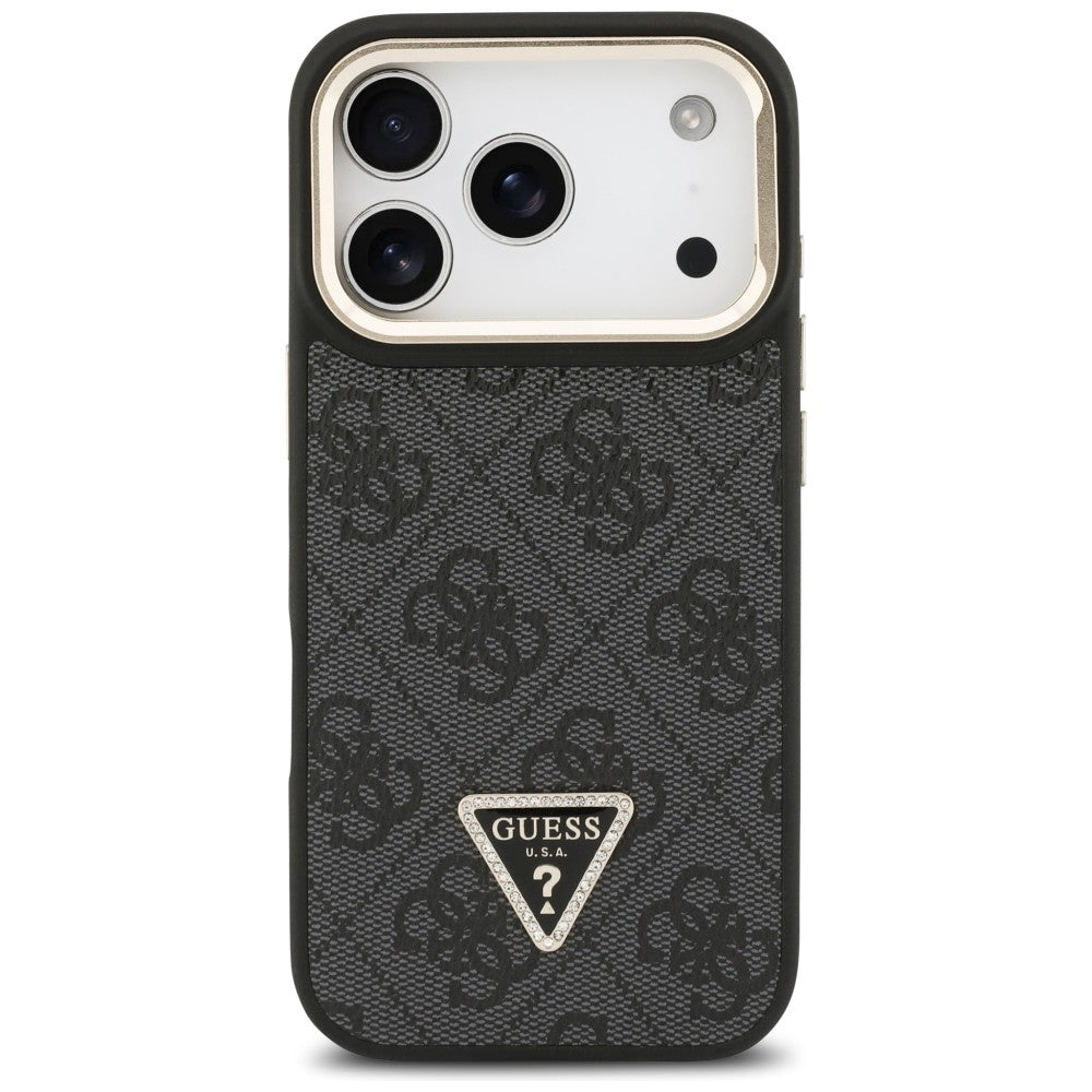 Custodia MagSafe per Apple iPhone 17 Pro Max, Guess, 4G Triangle Logo with Stand Camera, Nera Dorata