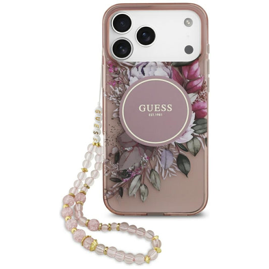 Custodia MagSafe per Apple iPhone 17 Pro Max, Guess, IML Flowers with Pearl Strap, Rosa