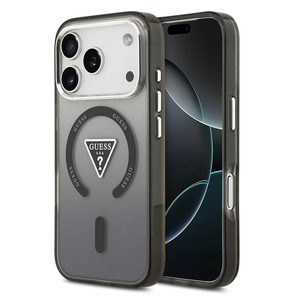 Custodia MagSafe per Apple iPhone 17 Pro Max, Guess, Logo Triangolo Gradiente IML, Nera Argentata