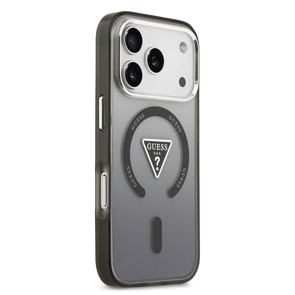 Custodia MagSafe per Apple iPhone 17 Pro Max, Guess, Logo Triangolo Gradiente IML, Nera Argentata