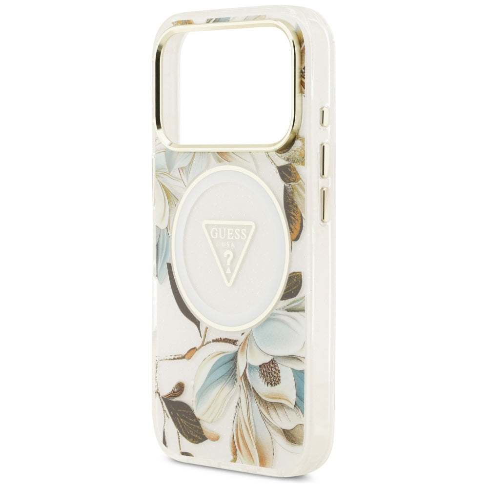 Custodia MagSafe per Apple iPhone 17 Pro Max, Guess, IML Metal Glitter Flowers Triangle, Bianca