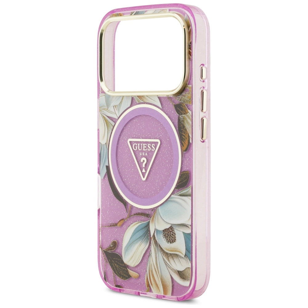 Custodia MagSafe per Apple iPhone 17 Pro Max, Guess, IML Metal Glitter Flowers Triangle, Viola