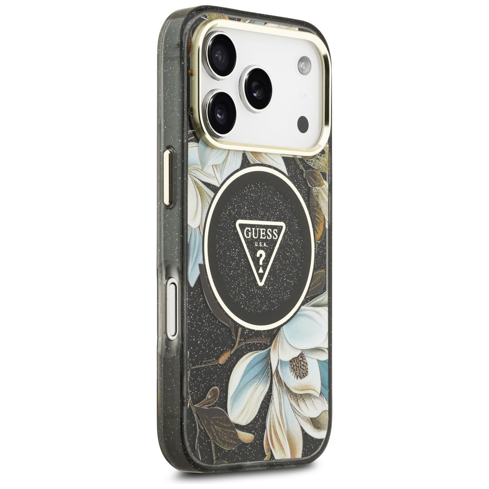 Custodia MagSafe per Apple iPhone 17 Pro Max, Guess, IML Metal Glitter Flowers Triangle, Nera