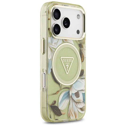 Custodia MagSafe per Apple iPhone 17 Pro Max, Guess, IML Metal Glitter Flowers Triangle, Verde