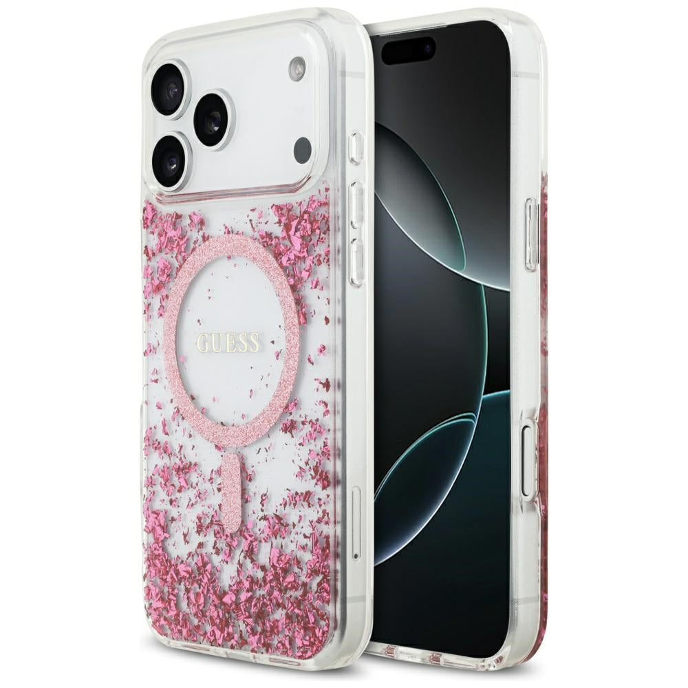 Custodia MagSafe per Apple iPhone 17 Pro Max, Guess, Fondo in Resina Glitter, Rosa