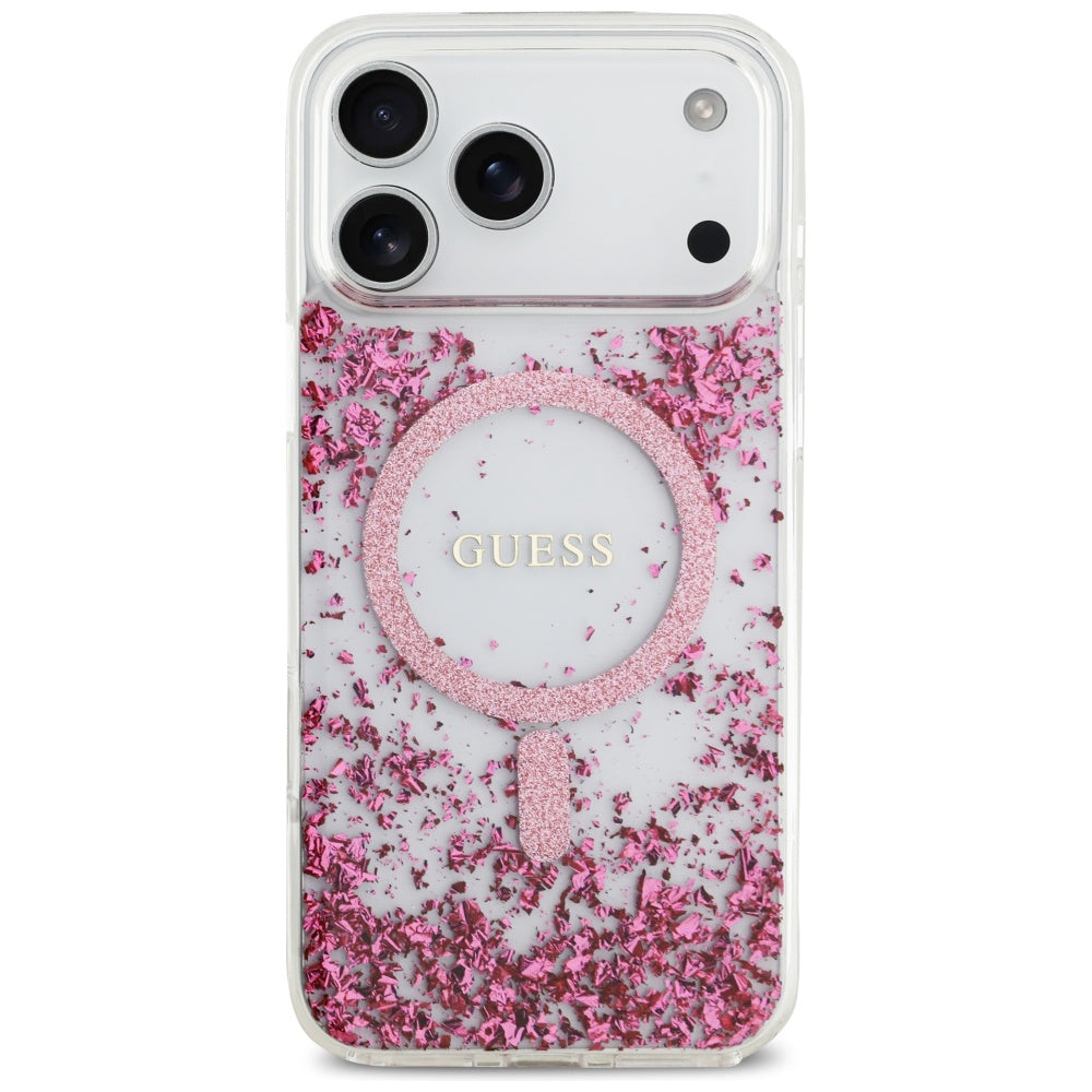 Custodia MagSafe per Apple iPhone 17 Pro Max, Guess, Fondo in Resina Glitter, Rosa