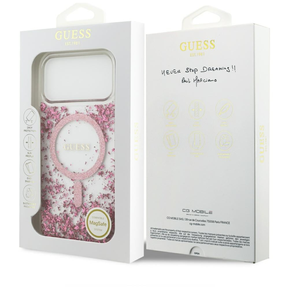 Custodia MagSafe per Apple iPhone 17 Pro Max, Guess, Fondo in Resina Glitter, Rosa