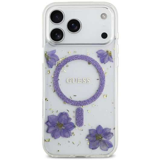 Custodia MagSafe per Apple iPhone 17 Pro Max, Guess, Resin Flowers and Glitter, Viola