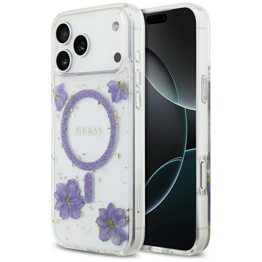 Custodia MagSafe per Apple iPhone 17 Pro Max, Guess, Resin Flowers and Glitter, Viola