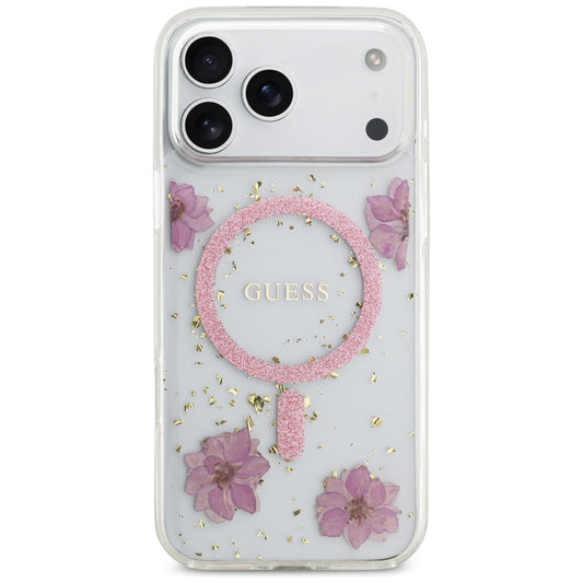 Custodia MagSafe per Apple iPhone 17 Pro Max, Guess, Resin Flowers and Glitter, Rosa