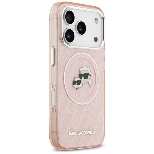 Custodia MagSafe per Apple iPhone 17 Pro Max, Karl Lagerfeld, Glitter Karl & Choupette Head, Rosa