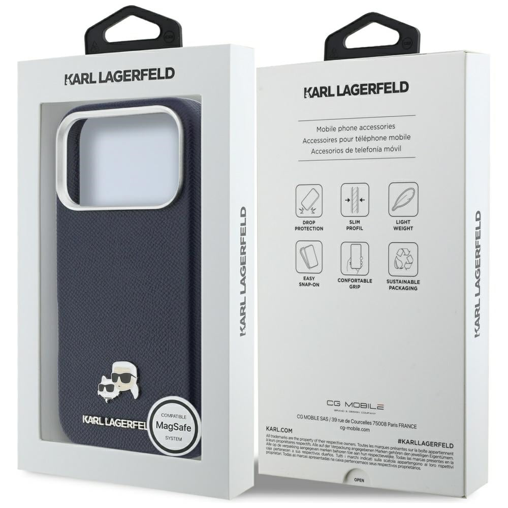 Custodia MagSafe per Apple iPhone 17 Pro Max, Karl Lagerfeld, Saffiano Karl & Choupette Pins, Blu