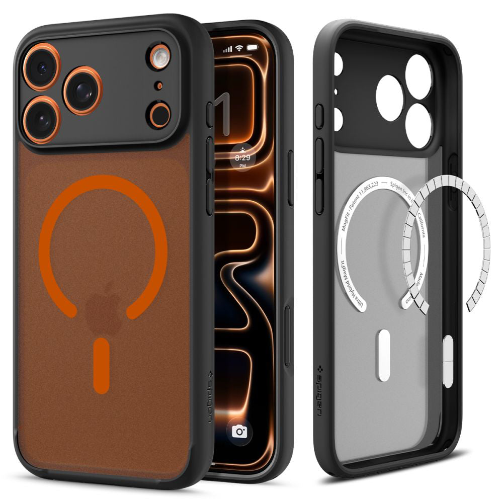 Custodia MagSafe per Apple iPhone 17 Pro Max, Spigen, Ultra Hybrid, Nera Arancione Satinata ACS10482