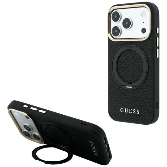 Custodia MagSafe per Apple iPhone 18 Pro / 17 Pro, Guess, Grained Ring Stand 360 Classic, nera