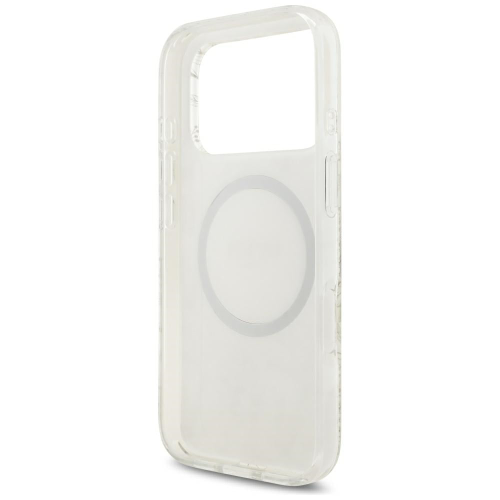 Custodia MagSafe per Apple iPhone 18 Pro / 17 Pro, Guess, IML Flowers Placcata con Cinturino in Perla, Bianca