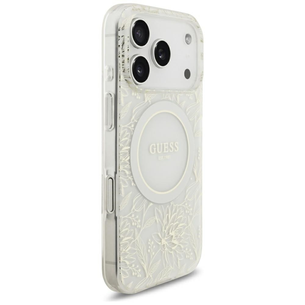 Custodia MagSafe per Apple iPhone 18 Pro / 17 Pro, Guess, IML Flowers Placcata con Cinturino in Perla, Bianca