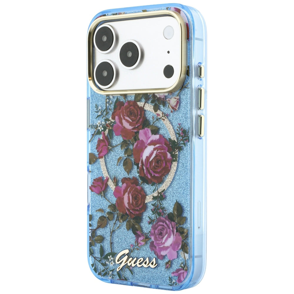Custodia MagSafe per Apple iPhone 18 Pro / 17 Pro, Guess, IML Glitter Blossom Roses, Blu