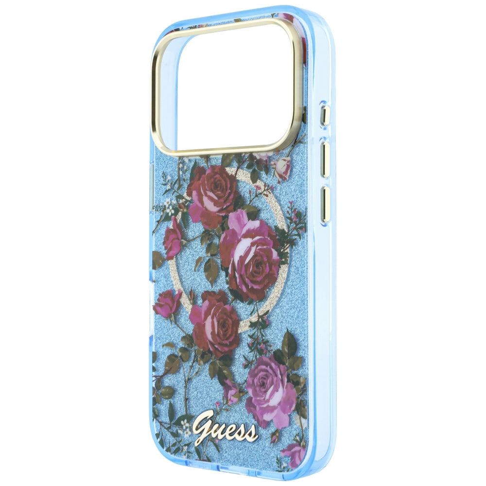 Custodia MagSafe per Apple iPhone 18 Pro / 17 Pro, Guess, IML Glitter Blossom Roses, Blu