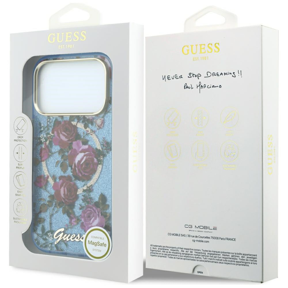 Custodia MagSafe per Apple iPhone 18 Pro / 17 Pro, Guess, IML Glitter Blossom Roses, Blu