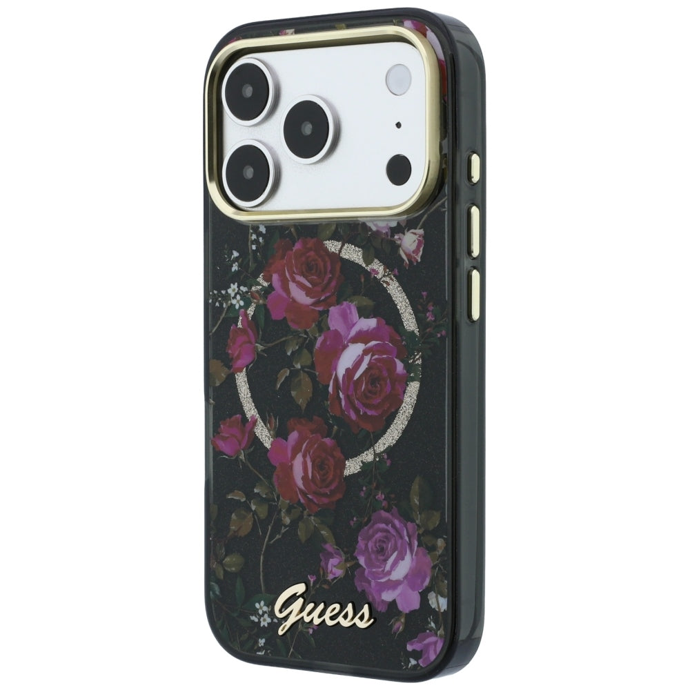 Custodia MagSafe per Apple iPhone 18 Pro / 17 Pro, Guess, IML Glitter Blossom Roses, Nera