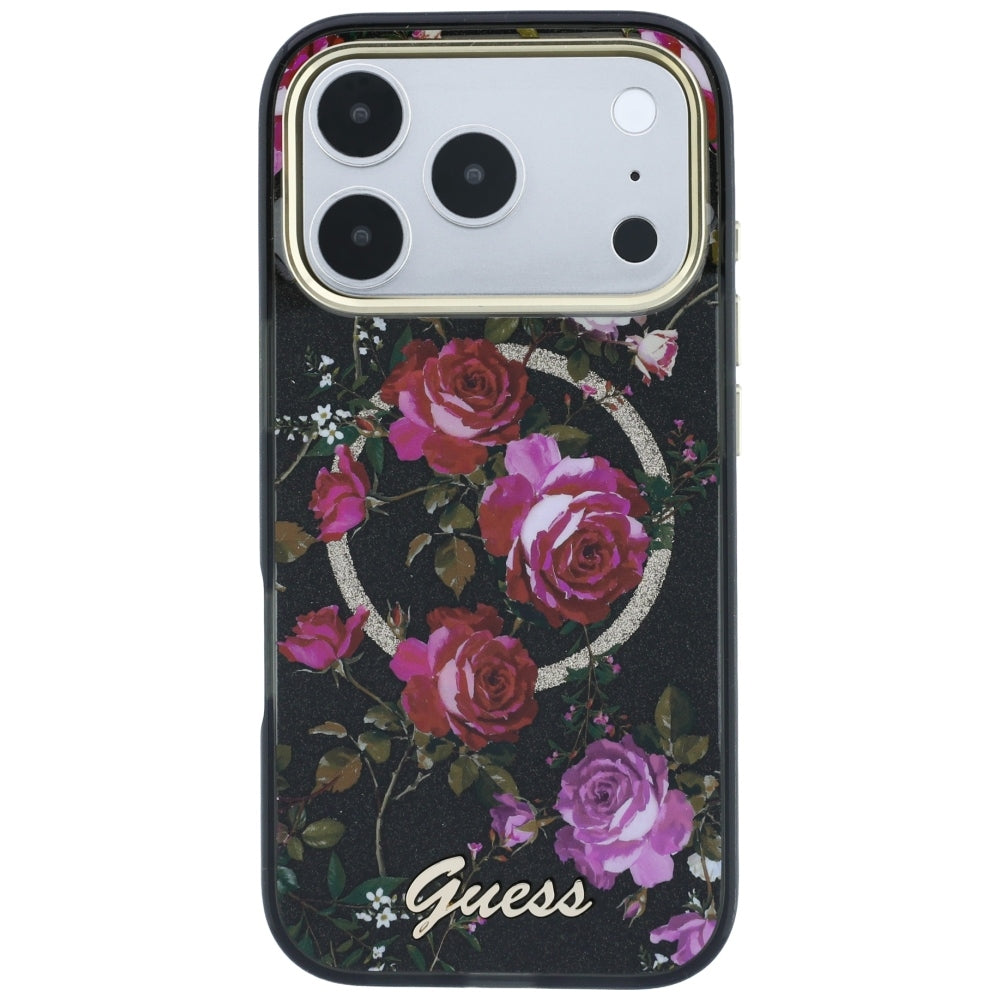 Custodia MagSafe per Apple iPhone 18 Pro / 17 Pro, Guess, IML Glitter Blossom Roses, Nera