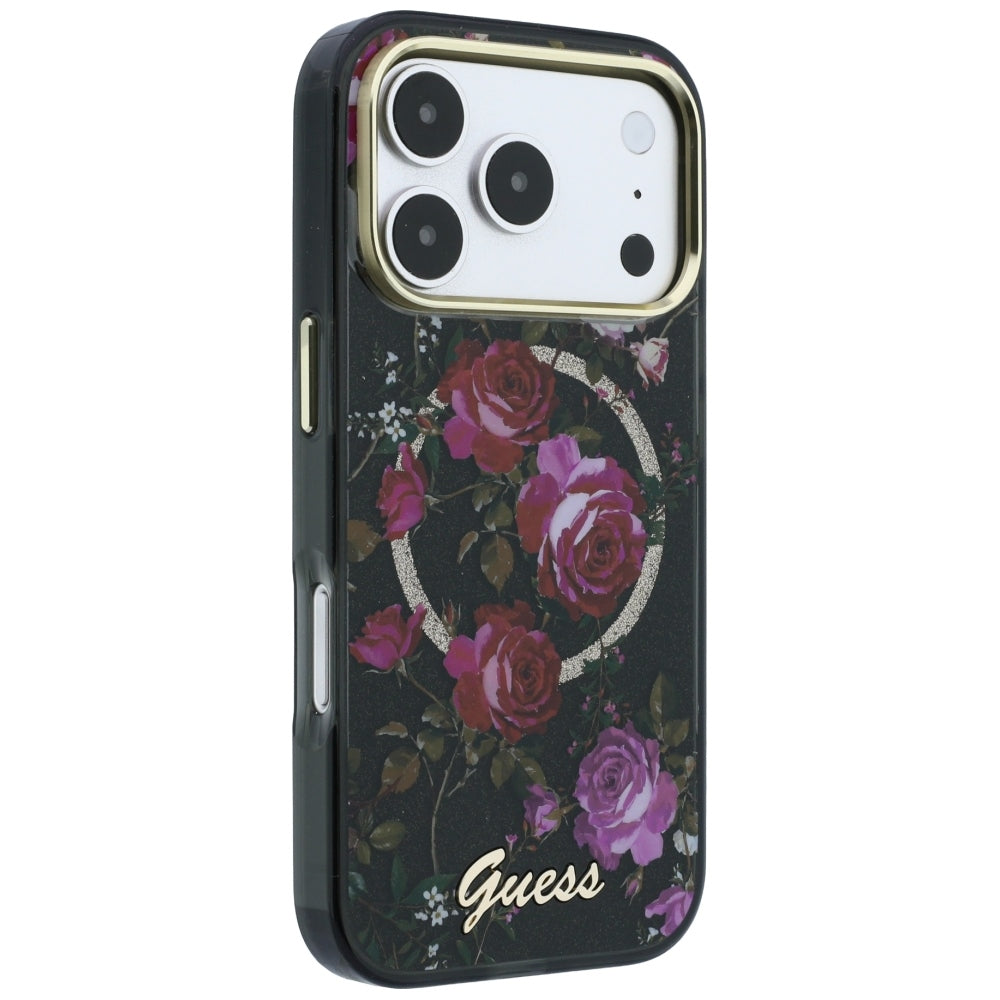 Custodia MagSafe per Apple iPhone 18 Pro / 17 Pro, Guess, IML Glitter Blossom Roses, Nera