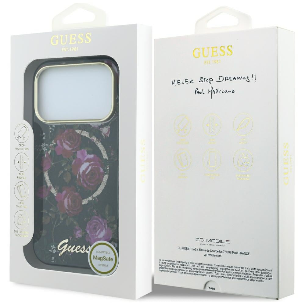 Custodia MagSafe per Apple iPhone 18 Pro / 17 Pro, Guess, IML Glitter Blossom Roses, Nera