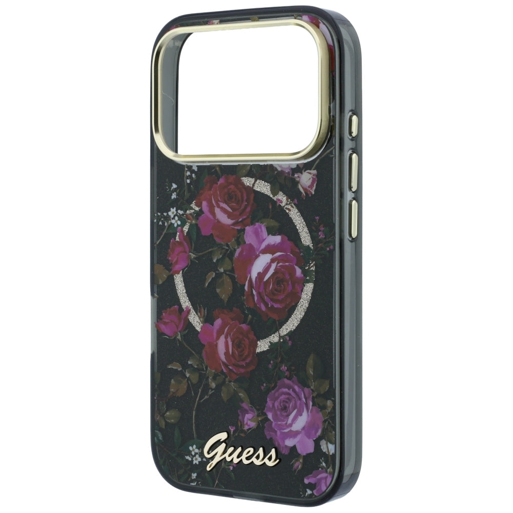 Custodia MagSafe per Apple iPhone 18 Pro / 17 Pro, Guess, IML Glitter Blossom Roses, Nera