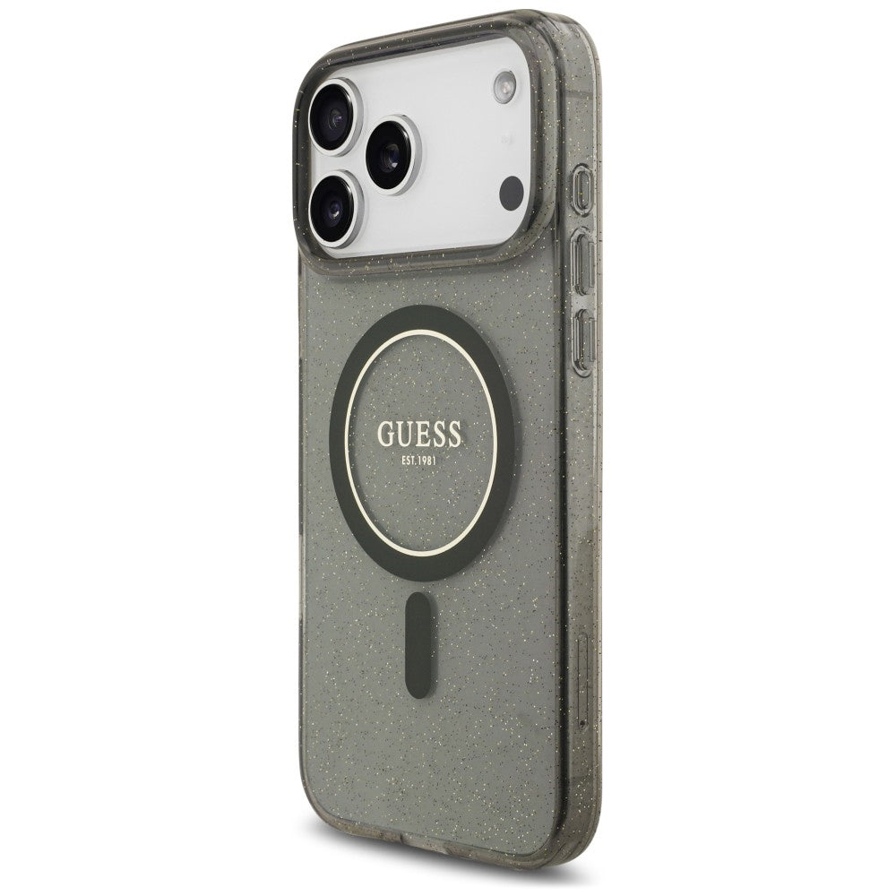 Custodia MagSafe per Apple iPhone 18 Pro / 17 Pro, Guess, IML Glitter with Pearl Strap, nera