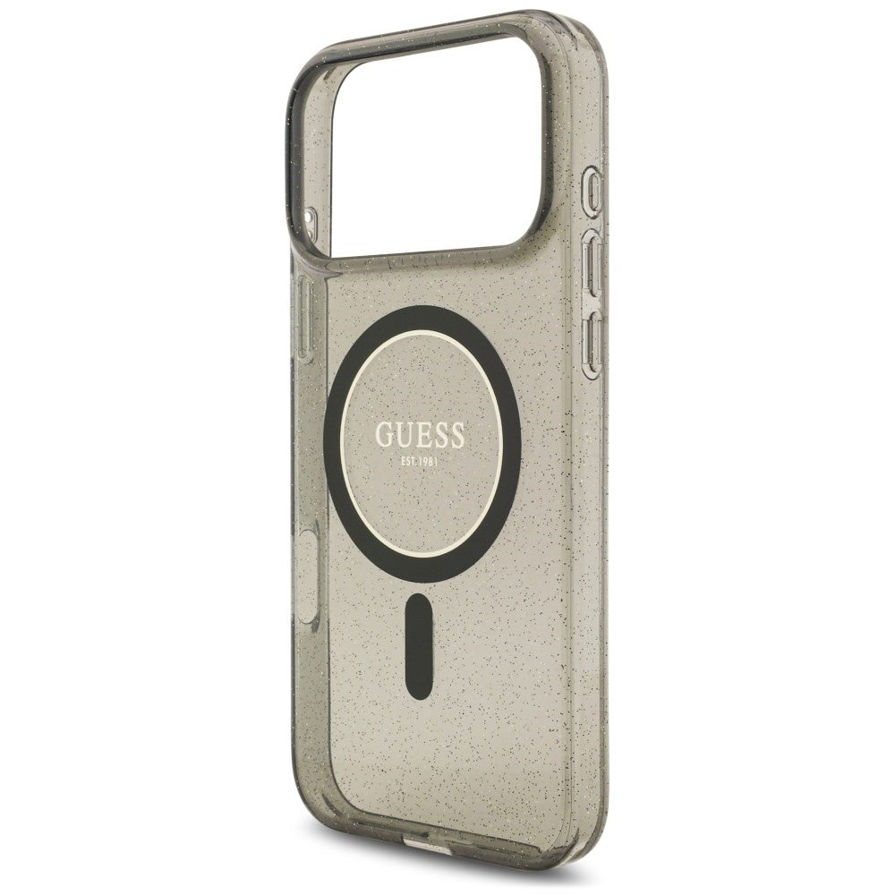 Custodia MagSafe per Apple iPhone 18 Pro / 17 Pro, Guess, IML Glitter with Pearl Strap, nera