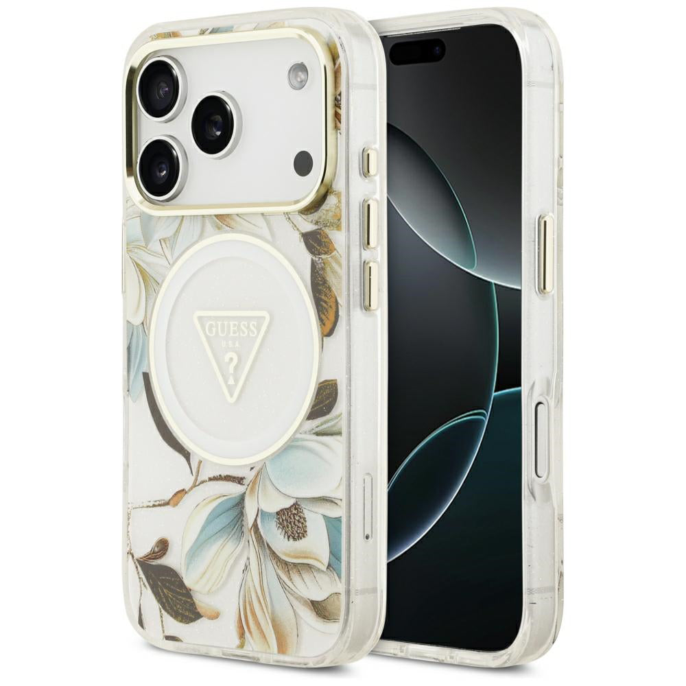Custodia MagSafe per Apple iPhone 18 Pro / 17 Pro, Guess, IML Metal Glitter Flowers Triangle, Bianca