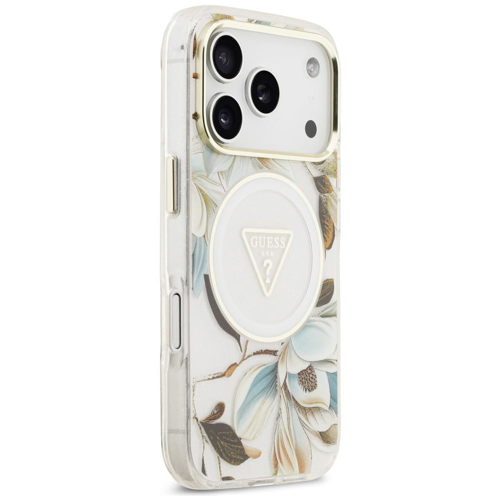 Custodia MagSafe per Apple iPhone 18 Pro / 17 Pro, Guess, IML Metal Glitter Flowers Triangle, Bianca